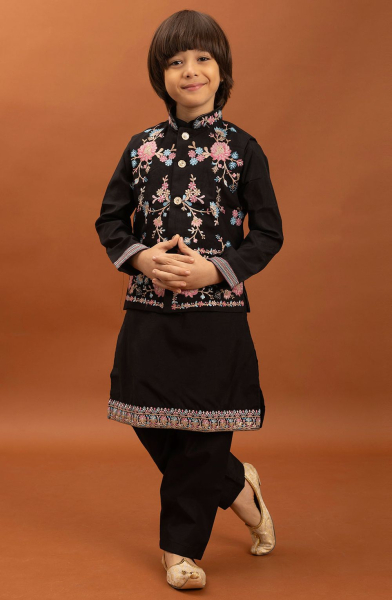 Black Embroidered Viscose Silk Kids Kurta Set