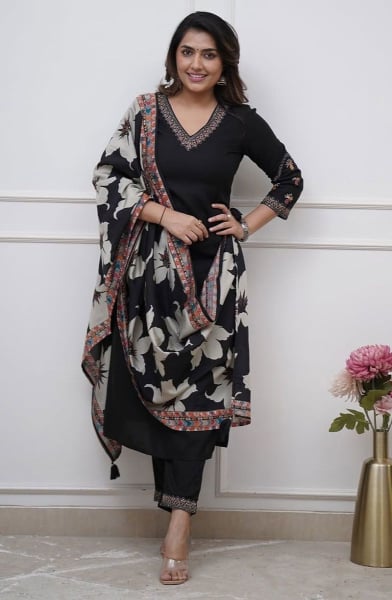 Black Embroidered Viscose Silk Readymade Suit
