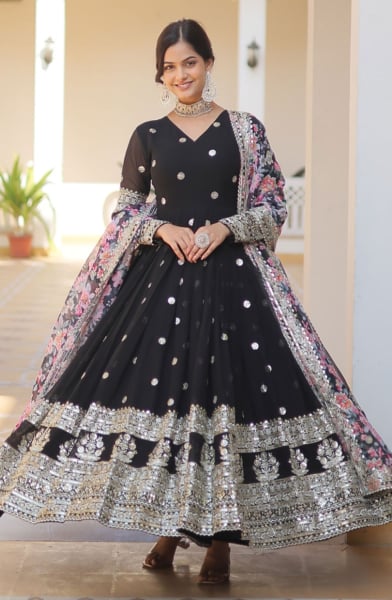 Black Faux Geoegette Gown with Dupatta for Festival