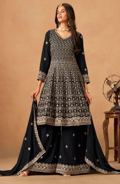 Black Faux Georgette Designer Embroidered Suit