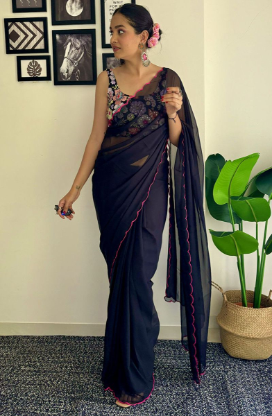 Black Faux Georgette Saree with Embroidered Blouse