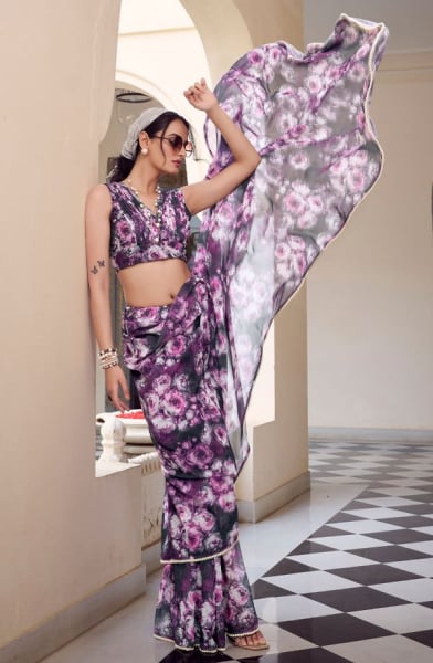 Black Floral Print Chiffon Saree