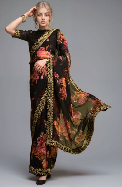 Black Floral Print Georgette Saree