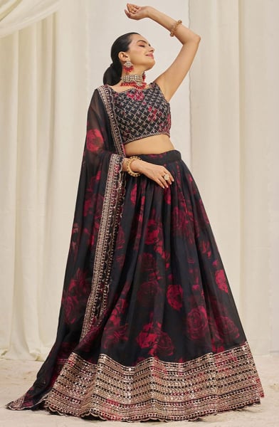 Black Floral Print Organza Embroidered Lehenga Set