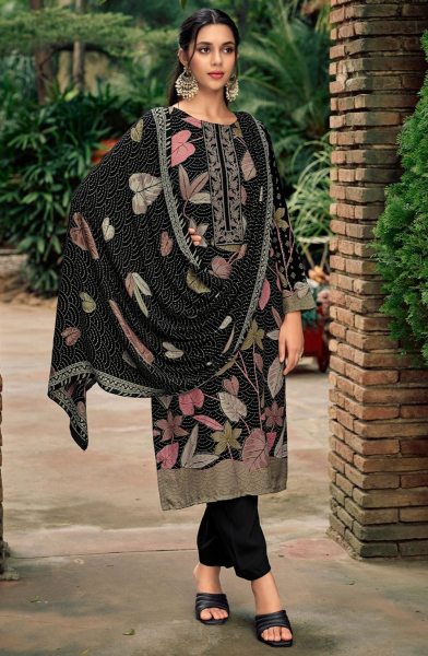 Black Floral Print Pashmina Pant Kameez