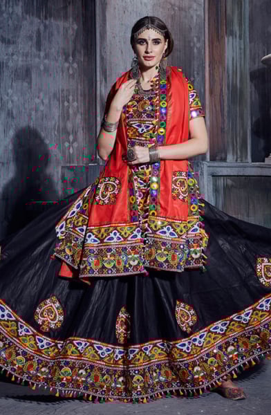 Black Gamthi Work Cotton Chaniya Choli for Festival