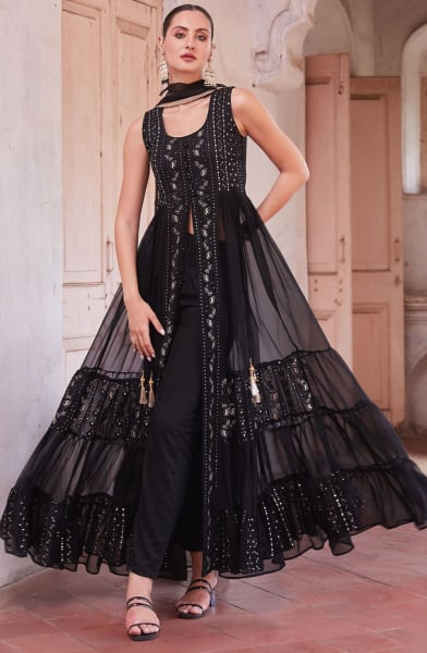 Black Georgette Designer Pant Kameez Suit