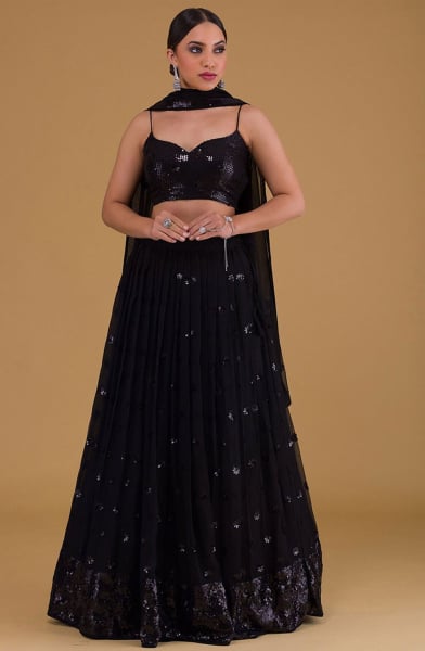Black Georgette Embroidered Lehenga Choli Set