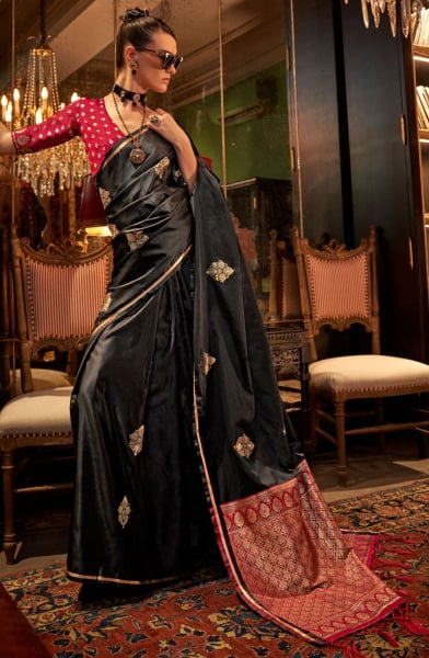 Black Handloom Weaving Satin Saree