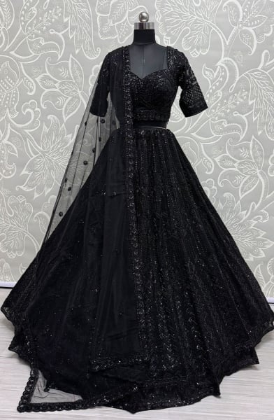 Black Handwork Embroidered Net Bridal Lehenga Choli