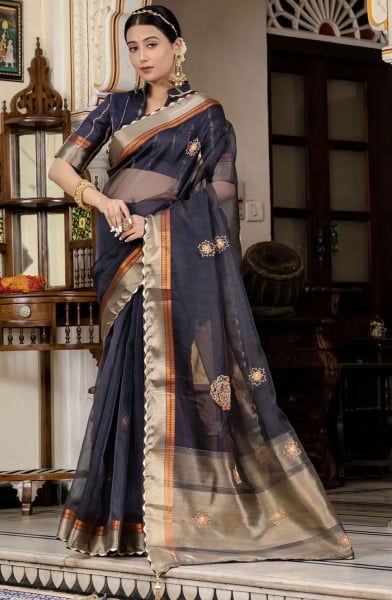 Black Handwork Kota Linen Saree