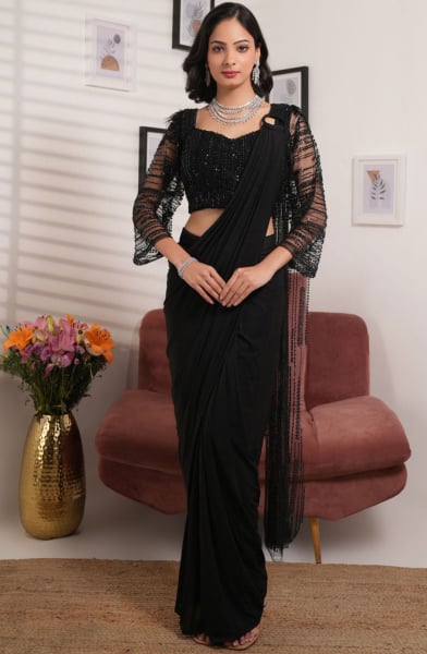 Black Heavy Embroidered Party Wear Saree
