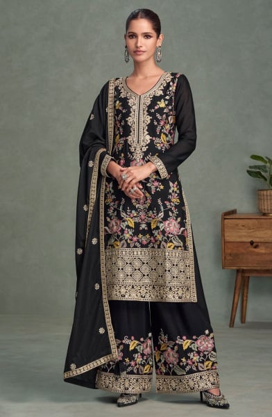 Black Heavy Premium Chinon Palazzo Kameez Suit
