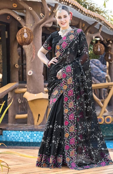 Black Heavy Resham Embroidered Party Wear Saree