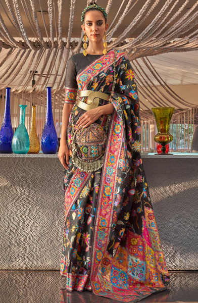Black Kashmiri Modal Handloom Weaving Saree