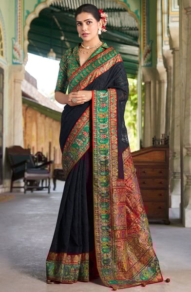 Black Lucknowi Viscose Georgette Saree with Foil Print