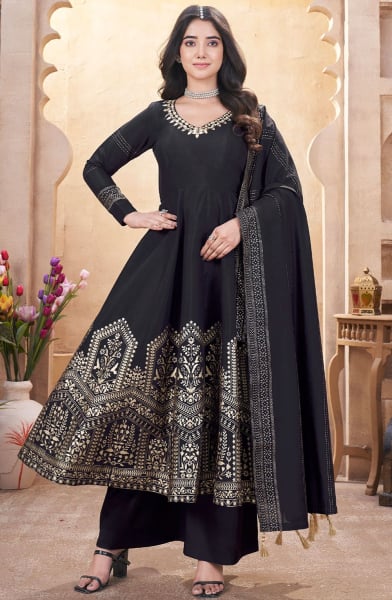 Black Mirror Work Roman Silk Readymade Palazzo Suit