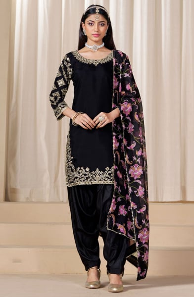Black Mirror Work Viscose Chanderi Patiala Kameez