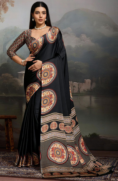 Black Modal Satin Ajrakh Printed Saree
