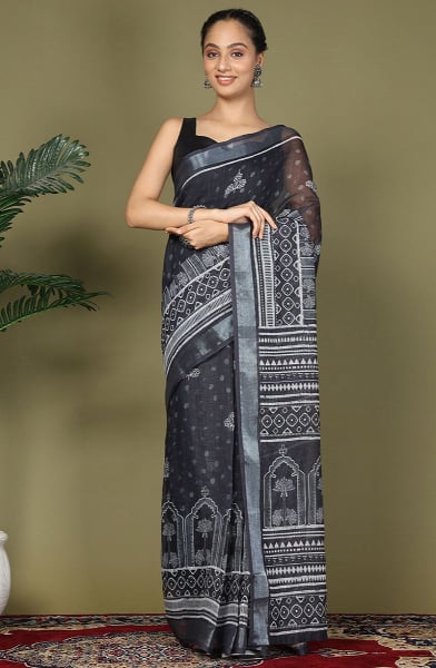 Black Printed Cotton Ready to Wear Saree