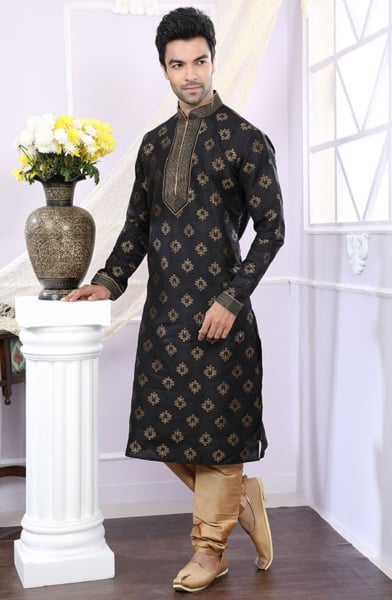 Black Printed Jacquard Kurta Set for Wedding