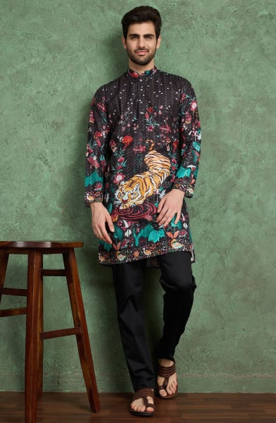 Black Printed Rayon Kurta Set