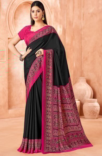 Black Printed Silk Crepe Saree