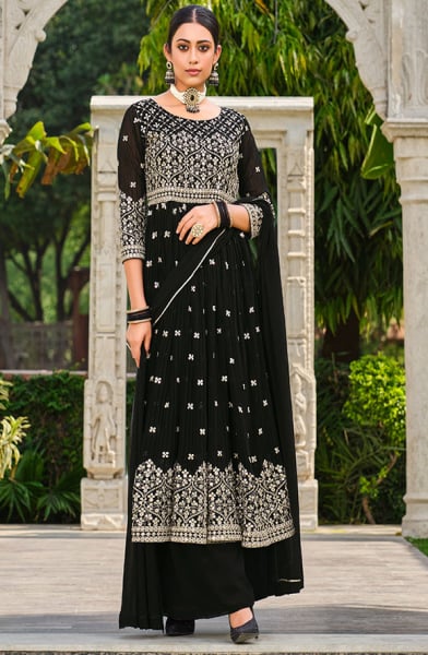 Black Pure Faux Georgette Palazzo Kameez Suit