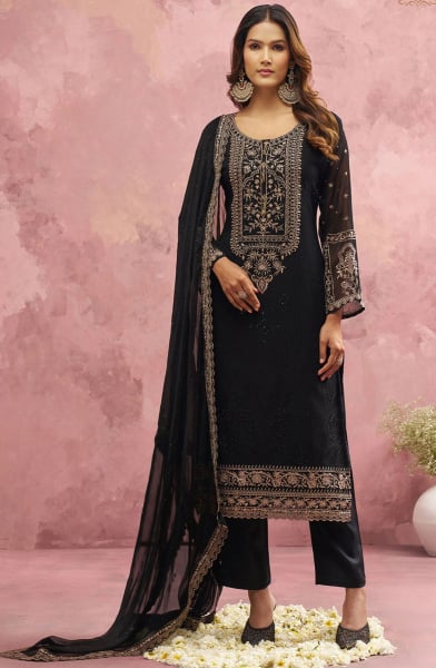 Black Pure Georgette Khatli Work Readymade Suit