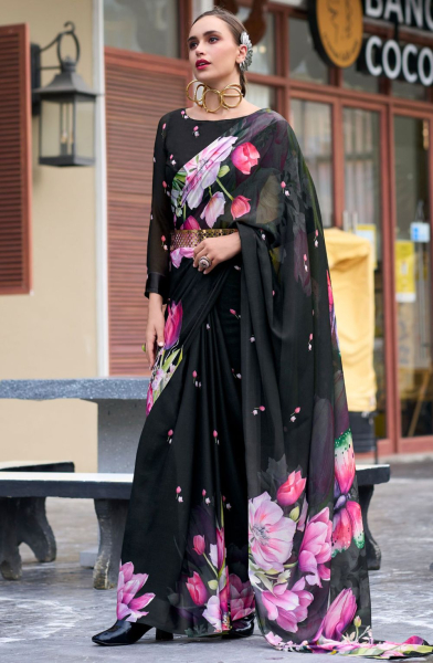 Black Pure Georgette Printed Saree