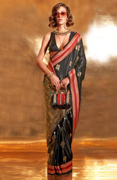 Black Pure Satin Chaap Handloom Silk Saree