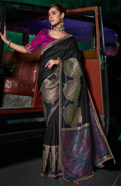 Black Pure Silk Resham Embroidered Saree