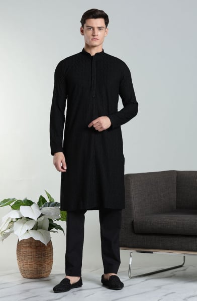 Black Rayon Cotton Chikan Embroidered Kurta Pyjama Set
