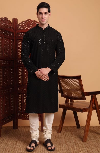 Black Rayon Kurta Set for Men