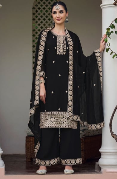 Black Real Georgette Heavy Embroidered Palazzo Kameez Suit