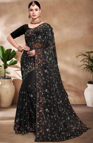 Black Resham and Sequins Embroidered Party Wear Saree