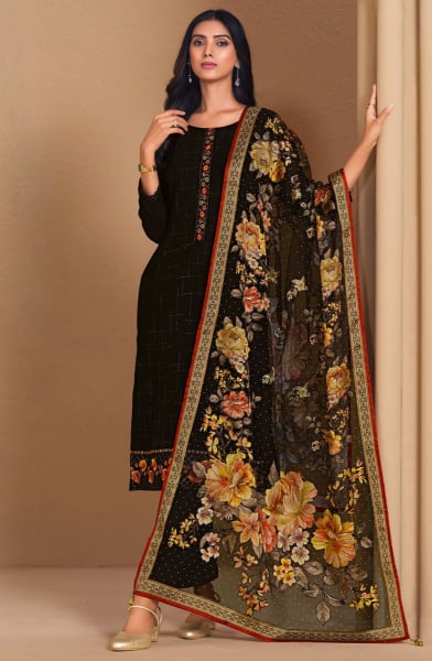 Black Resham Embroidered Chinnon Chiffon Pant Kameez