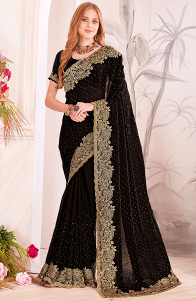 Black Resham Embroidered Fendi Silk Saree