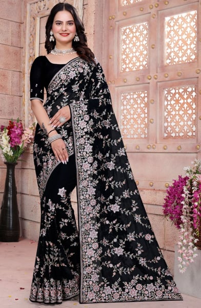 Black Resham Embroidered Georgette Saree