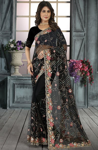 Black Resham Embroidered Net Saree