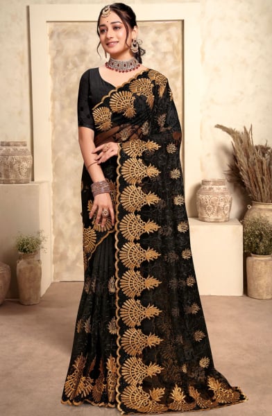 Black Resham Embroidered Net Saree