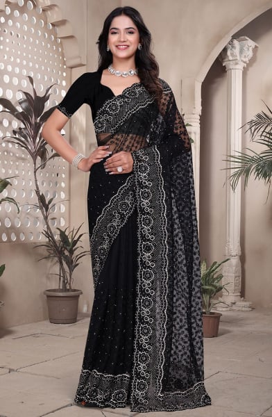 Black Resham Embroidered Net Saree