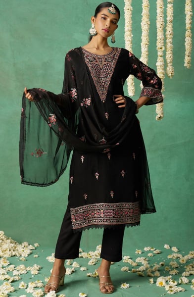 Black Resham Embroidered Pure Organza Pant Kameez