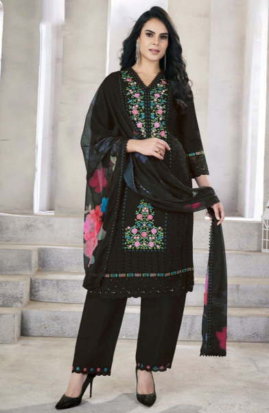 Black Resham Embroidered Silk Readymade Suit