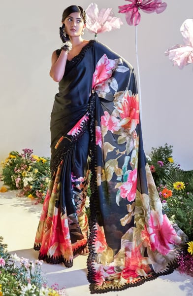 Black Satin Digital Print Saree