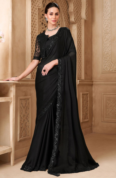 Black Satin Georgette Saree with Embroidered Blouse