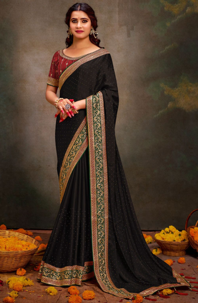 Black Satin Saree with Embroidered Blouse