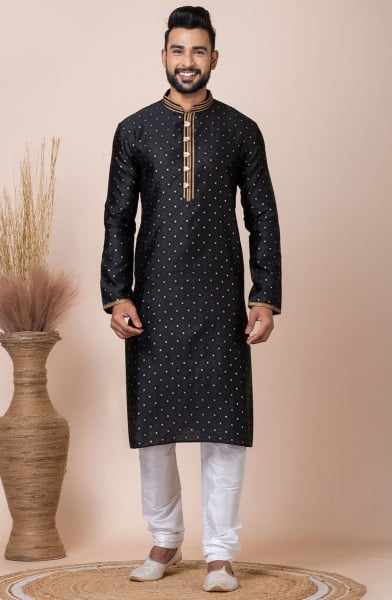 Black Self Jacquard Silk Kurta Set