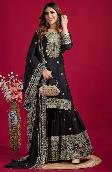 Black Sequins Embroidered Chinnon Sarara Kameez