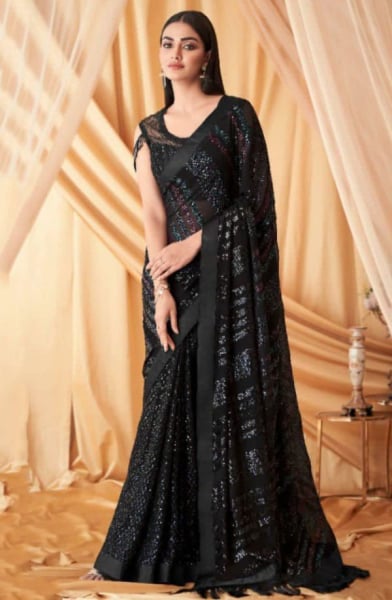 Black Sequins Embroidered Designer Saree